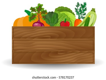 Healthy freshly harvested vegetables in a wooden crate and grocery shopping concept banner. Wooden box with fresh vegetable