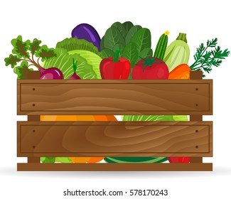 Healthy freshly harvested vegetables in a wooden crate and grocery shopping concept banner. Wooden box with fresh vegetable