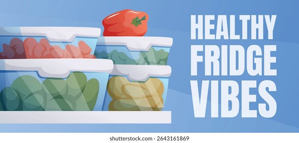Healthy Fridge Vibes Banner with Food Containers. Vector cartoon Illustration of Organized Refrigerator Shelf with Vegetables and Pepper. Ideal for Meal Prep, Grocery Storage, Nutrition Ads.