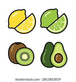 Healthy fruit assortment showing ripe yellow lemon vibrant green lime fuzzy brown kiwi and halved avocado with pit isolated on plain background.