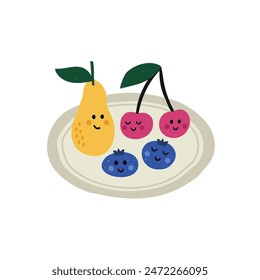 Personajes de frutas saludables sonriendo en el plato. Concepto de estilo de vida saludable para los niños.