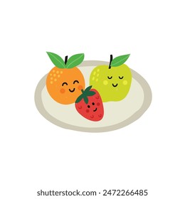 Healthy fruit characters smiling on the plate. Concept of healthy lifestyle for kids.