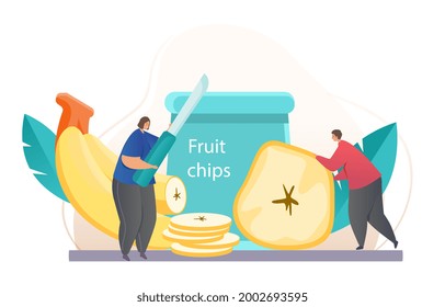 Healthy Fruit Chips. A man and a woman cook and eat banana slices fried in oil. An appetizer with an unusual taste. Fruit snacks. Cartoon modern flat vector illustration isolated on a white background