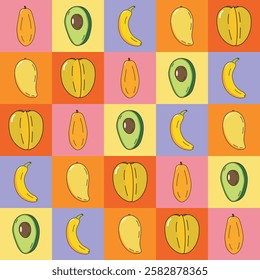 healthy fruit concept pattern on checkered background, hand drawn doodle vector.