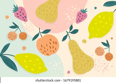 Healthy Fruit Doodle Background. Summer Fruit Banner With Pear, Apple, Cherry, Strawberry, Lemon. Vegetarian Healthy Food. Trendy Minimal Design. Simple Vector Illustration. 