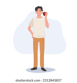 healthy fruit food concept. Full length of a man showing red apple before eating, Flat vector illustration