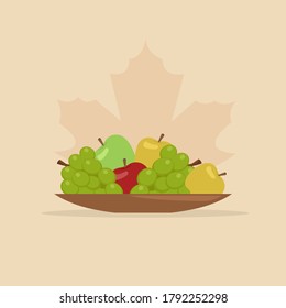 Tazón con frutas, manzanas, uva. Ilustración vectorial en estilo plano