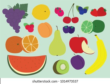 Healthy fruit set of illustrations. Green vegetarian organic design. Summer fresh berry fruity cocktail. Grape lemon berries cherry lime apricot pear apple banana plum kiwi orange watermelon