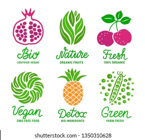 Healthy fruit and vegetable colourful sticker set. Green, Nature, Bio, Fresh, Vegan, Detox lettering inscription. Natural product concept. EPS 10 vector illustration