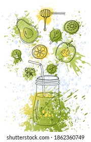 Healthy fruit and vegetable smoothie. Juicy poster in watercolor style. Crushed natural product drink. Detox diet sketch. Green and yellow bright splashes. Vegetarian food