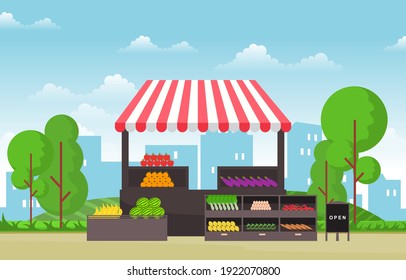 Healthy Fruit Vegetable Store Stall Stand Grocery in City Illustration