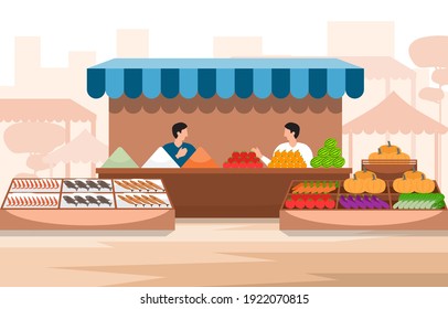 Tienda de productos vegetales para frutas saludables Stand Grocerin City Illustration