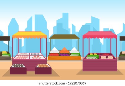 Tienda de productos vegetales para frutas saludables Stand Grocerin City Illustration