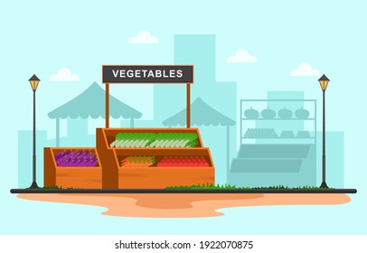 Healthy Fruit Vegetable Store Stall Stand Grocery in City Illustration