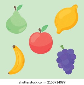 healthy fruits icon set on green background