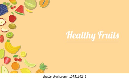 healthy fruits with various kind of fruit for template banner with yellow modern color flat style with free space for text description - vector illustration