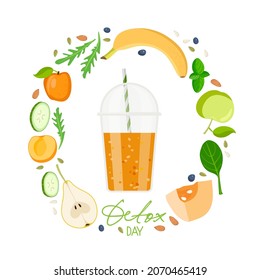 Healthy fruits, vegetables, greens, seeds surrounds smoothie cup. Detox day text. Plastic takeaway cup with orange liquid. Fresh energetic drink. Detox shake recipe for healthy eating.
