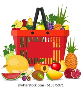 Healthy fruits and vegetarian food banners. Fresh organic food, healthy eating. Vector set supermarket basket with food. Isolated food items falling in supermarket bag. Flat style