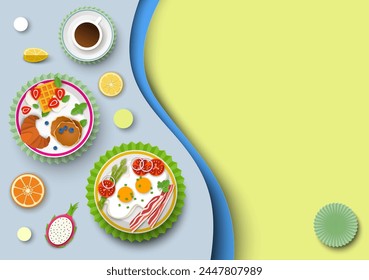 Healthy full breakfast menu with many food and drinks paper cut background. Fried eggs with bacon, sweet hotcake served on plate and coffee or tea beverage vector illustration with place for text