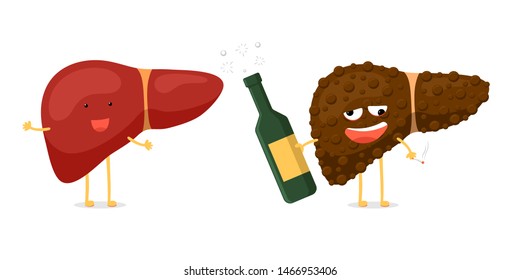 Healthy fun and sick unhealthy ill drunk liver character hold in hand alcohol bottle and cigarette. Human exocrine gland organ destruction concept. Vector hepatic illustration