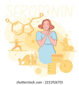 Healthy, functional habits lead to release of serotonin. Happy young woman who is content with herself and her life; she practices yoga, waters the flowers, trains the dog, and sets long-term goals.