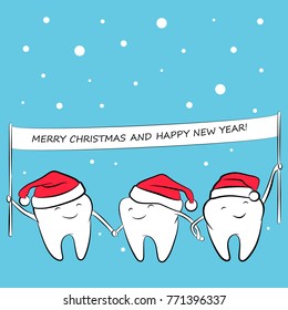 Healthy funny teeth in a santa hat with a banner in hands. Greeting card for Christmas and New Year. Vector illustration.
