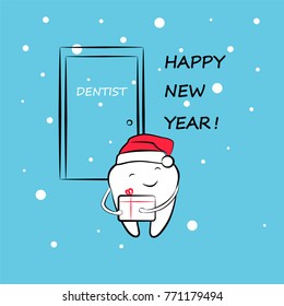 Healthy funny tooth in Santa hat with a gift in hands. Greeting card for Christmas and New Year. Vector illustration.