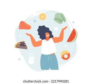 Healthy Girl Chooses Her Favorite Food. Intuitive Eating Mindful Food Consumption Vector Concept