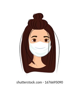 Healthy girl in medical mask isolated on white background. Precautions against virus, air pollution, smog. Nursing staff in a flat style. Outbreak Defense. Stock vector illustration for design.