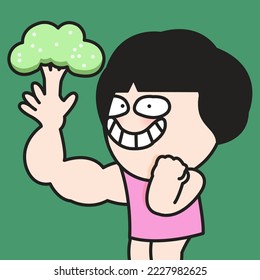 Healthy Girl With Strong Biceps And Broccoli Index Finger Concept Card Character illustration