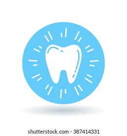 Healthy glowing tooth icon. Sparkling clean teeth sign. Cavity free white teeth symbol. White dental oral hygiene icon on blue circle background. Vector illustration.