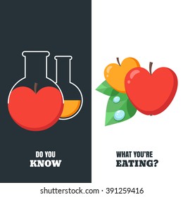 Healthy and gmo food concept. Vector illustration of organic apple and flask with pesticides and chemicals. Harvest and agriculture fruits icons. Do you know what you're eating.