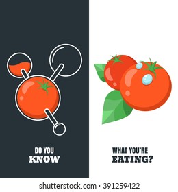 Healthy and gmo food concept. Vector illustration of organic tomatoes and tomato with pesticides and chemicals. Farming and agriculture vegetables icons. Do you know what you're eating.