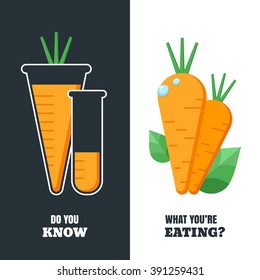 Healthy and gmo food concept. Vector illustration of organic carrot and flask with pesticides and chemicals. Farming and agriculture vegetables icons. Do you know what you're eating.