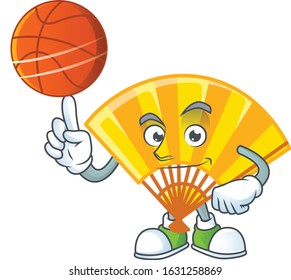 a Healthy gold chinese folding fan cartoon character playing basketball