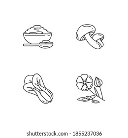 Los iconos lineales perfectos de los píxeles de los granos sanos se establecen. Hongos shiitake orgánicos. Ingredientes de harina de semilla ecológica. Símbolos de contorno de línea delgada personalizables. Ilustraciones aisladas del contorno vectorial. Trazo editable