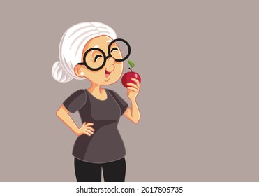 Healthy Granny Eating An Apple Vector Illustration. Senior Woman Having A Healthy Snack And Perfect Oral Health
