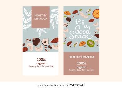 Healthy granola packaging design template. Colorful hand drawn vector illustration of dried fruits and nuts.