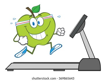 Healthy Green Apple Cartoon Character Running On A Treadmill. Vector Illustration Isolated On White