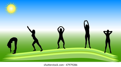 Healthy green background with vector silhouettes of several women doing stretching exercises