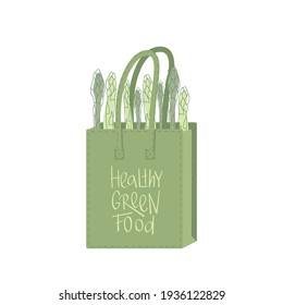 Healthy green food sign on eco shopping paper bag with asparagus flat illustration. Zero waste, plastic free, bio market, recycle concept. Vector stock illustration isolated on white background.