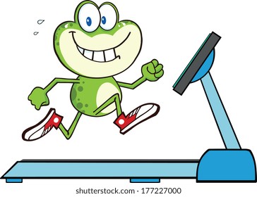 Healthy Green Frog Running On A Treadmill. Vector Illustration Isolated on white