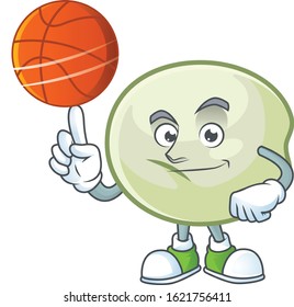 a Healthy green hoppang cartoon character playing basketball