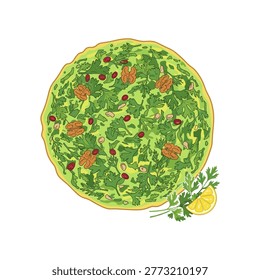 Healthy green omelet with arugula, walnuts, pomegranate seeds, parsley, and lemon. Overhead view, isolated on white. Delicious, nutritious, and vibrant breakfast.