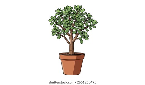 Healthy green potted plant in a terracotta pot with lush foliage and woody stem
