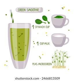 Healthy green smoothie. Pea Microgreens, spinach, milk recipe. Glass with smoothie and ingredients with inscriptions. Flat cartoon vector illustration For cafe menu, store. Organic raw shake recipe.