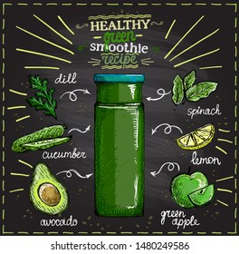 Healthy green smoothie recipe on a chalkboard with ingredients, summer vegetables cocktail sketch, hand drawn graphic illustration