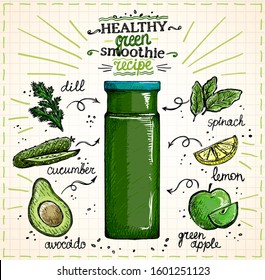 Healthy green smoothie recipe on a notepad paper with ingredients, summer vegetables cocktail sketch, hand drawn graphic illustration