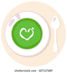 Healthy green Spinach love soup in circle isolated on white
