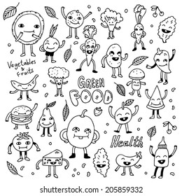 Healthy green vegetarian food doodle set. Vector illustration.